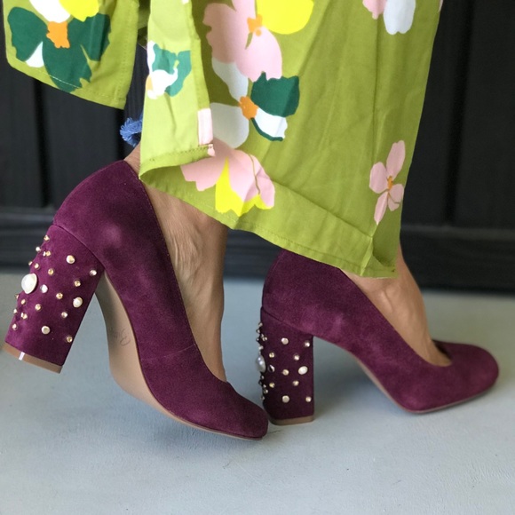 Pearl Drop Embellished Burgundy Block Heel Pumps - Picture 2 of 7